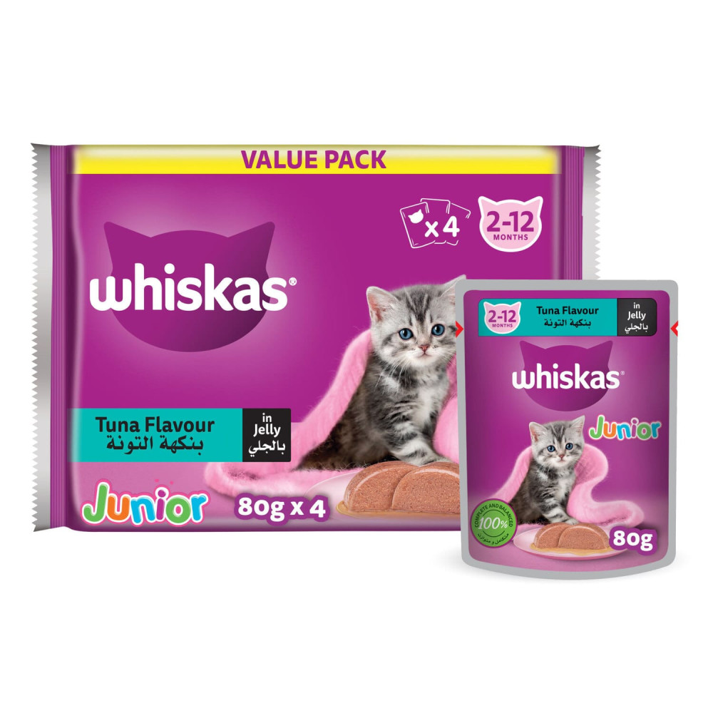 Wiskas Junior Tuna, Wet Food for Kittens, 4 Cat Bags 80 g