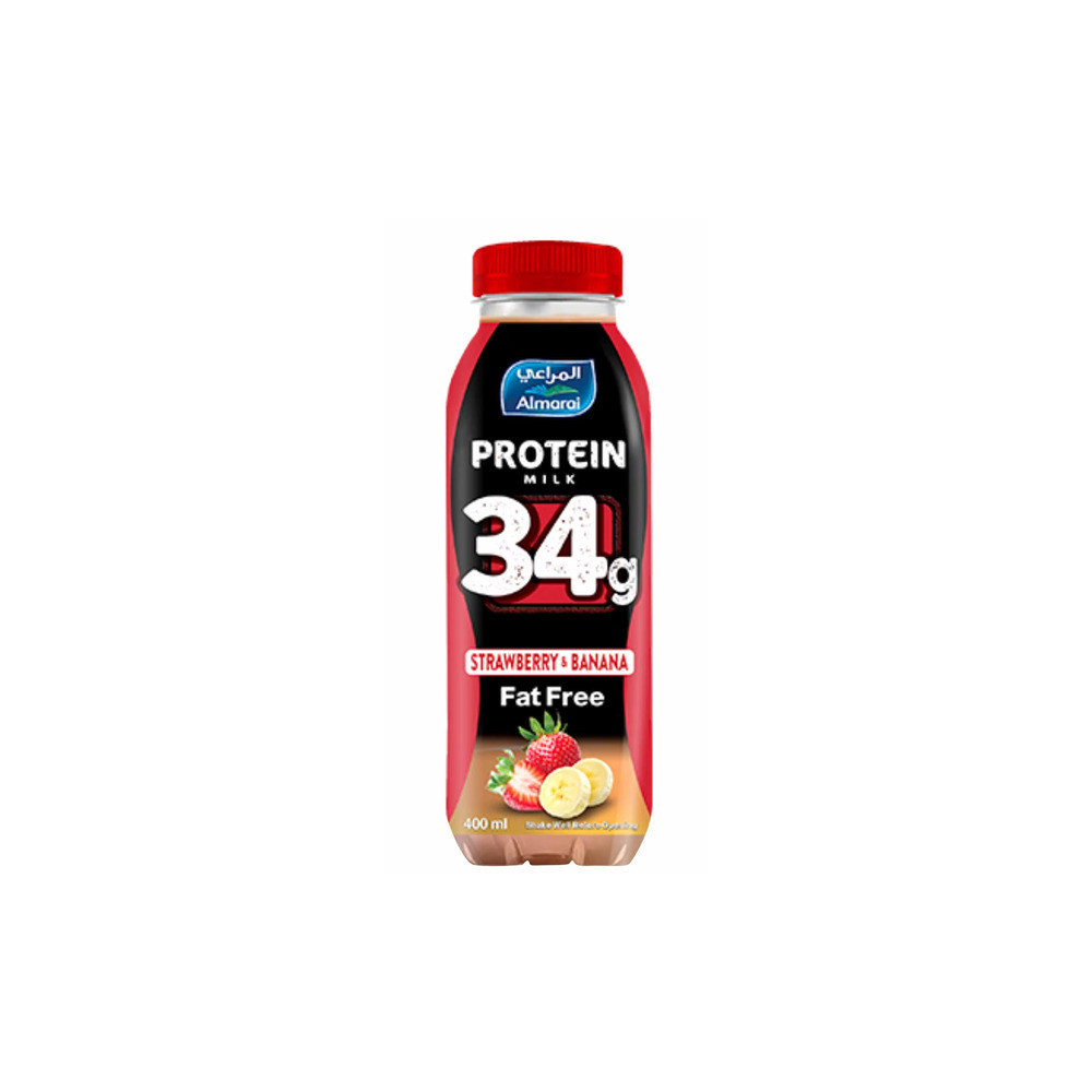Almarai skimmed milk with 34 g protein, 400 ml, banana and strawberry flavor