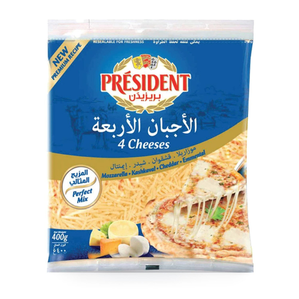 President 4 Cheeses, Mozzarella, Kashkaval, Cheddar, Emmental, 400 gm