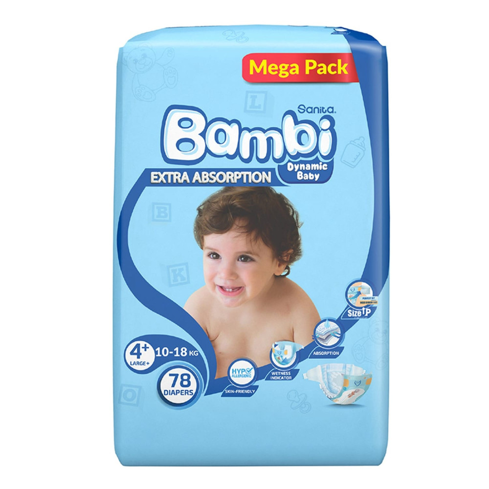 Sanita Bambi Large Plus Mega Baby Diapers No. 4+(78 Diapers)